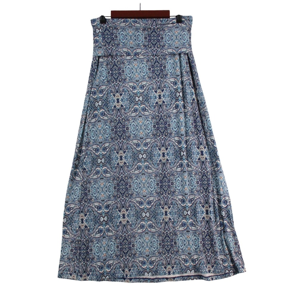 Artisan NY Blue Paisley Maxi Skirt Womens Large Stretch Jersey Fold Over Waist